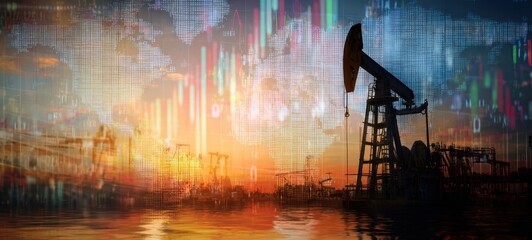 The oil pumpjack silhouetted against a digital sunset and financial data trends.