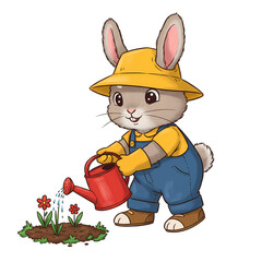 Cute Bunny Gardener Watering Flowers Springtime Illustration on transparent background