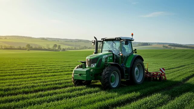 Green tractor in a vast green field cultivating soil, symbolizing modern agriculture and farming progress, video footage.