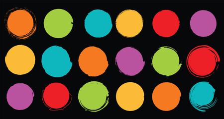 Set of round grunge multicolor circles shapes on a black background. Grunge round shapes. Grunge banner and paint brush stamps, paint brush stock set, colored brush circle 