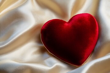 A soft red velvet heart resting on a silky fabric with elegant lighting and shadows.