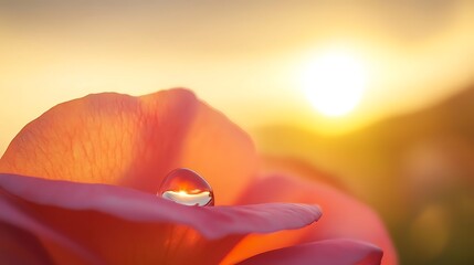 A soft-focus close-up of a single dewdrop resting on a delicate rose petal at sunrise.
