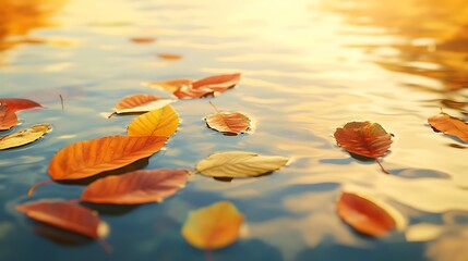 A soft-focus close-up of vibrant autumn leaves floating on a calm lake, reflecting the golden sky.