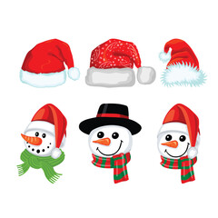 Set of New Year hats and snowmen, vector illustration