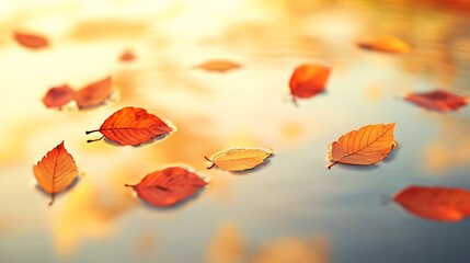 A soft-focus close-up of vibrant autumn leaves floating on a calm lake, reflecting the golden sky.