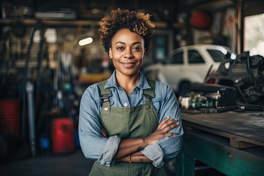 Repairwoman a car in auto repair shop. Young African American woman in her workshop. - Powered by Adobe