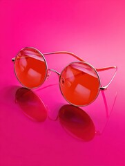 Stylish round sunglasses on vibrant pink background