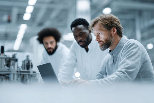 Focused scientists collaborate, reviewing data on a laptop. Diverse team in lab coats, working together in a bright, modern research facility. Innovation, progress, teamwork.