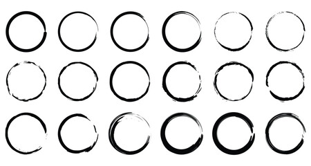 Set of round grunge circles shapes on a white background. Grunge round shapes. Grunge banner and paint brush stamps, paint brush stock set, outline circle paint brush