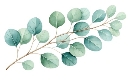 Obraz premium Delicate Watercolor Eucalyptus Branch with Soft Green and Blue Leaves
