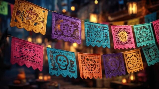 Colorful papel picado banners hang on a night street decorated in honor of the Mexican holiday. The scene conveys the vibrant atmosphere of the cultural celebration.
