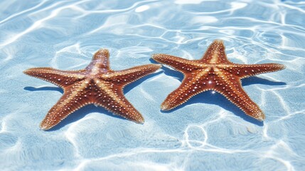 Two starfish resting on the surface of clear shallow water.