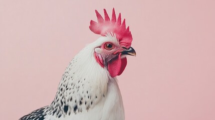 Close-up portrait of a cute chicken on a pink background