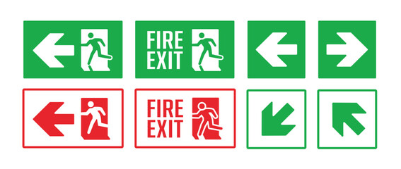 set emergency exit signs, fire exit icons and directions © Artoniumw