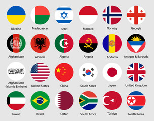 Set of round world national flags with country names. Collection of rounded world country flags including USA, China, UK, Japan, South Korea, Brazil, and others. Vector illustration.