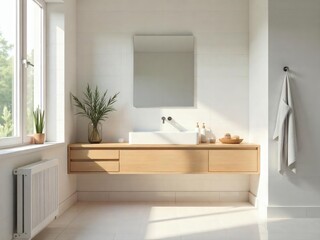 Modern Minimalist Bathroom Design: A serene and minimalist bathroom design features a light wood vanity, a sleek rectangular mirror, and soft natural light streaming through a window.