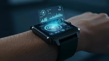 Man wearing a smartwatch with a futuristic holographic display showing health data and statistics, innovation footage. - Powered by Adobe