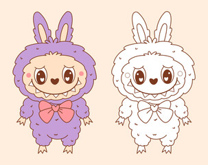 Cute Monster with Bow set. Funny kawaii fantasy character. Isolated Color and Outline linear hand drawing. Vector illustration. Kids collection. Coloring book