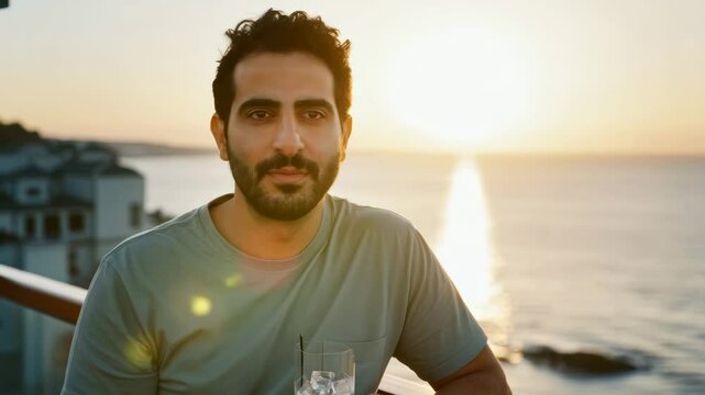 Serene sunset contemplation by the ocean with calm smiling man holding drink