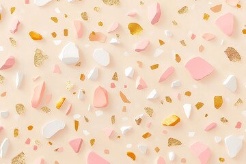 A stylish terrazzo pattern with pink, gold, and white flecks on a smooth pastel beige background.