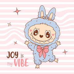 Joyful Cute Monster Toy. Cool Funny kawaii Character on Groovy Distorted Stripe Background. Vector illustration. Kids collection