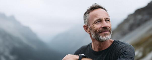 Thoughtful mature man looking to the future, set against a majestic mountain backdrop. Illustrates contemplation, aspiration,  outdoor lifestyle. Great for health or adventure ads.