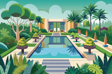 Tropical resort swimming pool with palm trees, offering a luxurious summer vacation