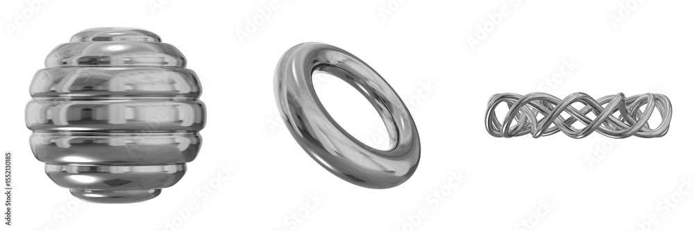 Poster 3d chrome metallic abstract shape objects, 3d rendering steel gradient shape design element, futuris