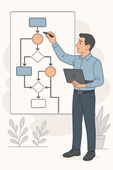 Businessman creating a flowchart on a whiteboard for business analysis. Concept of structural thinking, logic, and project management. Man with laptop planning a workflow. Vector cartoon illustration.