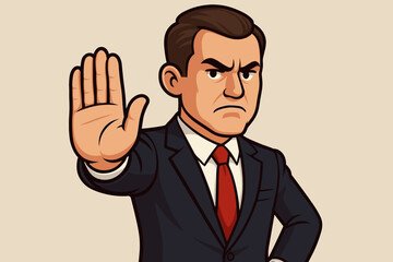 Businessman showing stop gesture. Angry boss or manager says no with hand sign. Concept for rejection, disapproval, refusal, and denial. Warning or prohibition. Vector cartoon.