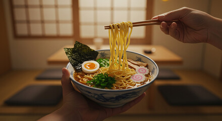 Hands holding a bowl of ramen with chopsticks lifting noodles mid-air
