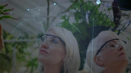 Scientist touching vine leaves in lab activating data overlays for study while peer examining leaf - Powered by Adobe