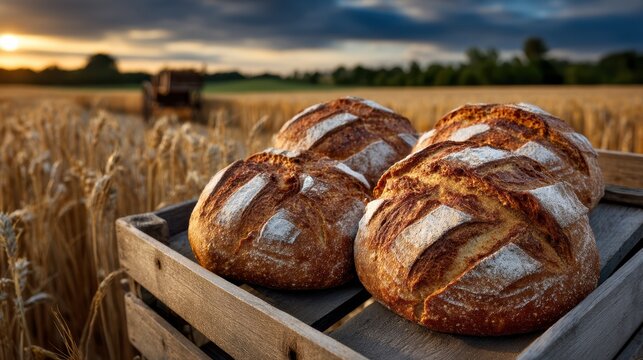 Three artisan goldenbrown bread loaves stacked