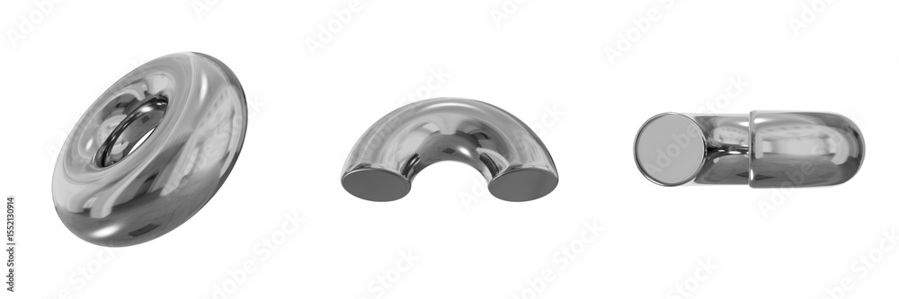 Poster 3d chrome metallic abstract shape objects, 3d rendering steel gradient shape design element, futuris