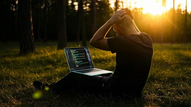 Man programmer coding with laptop in forest. Remote work outdoor. Computer science and app development in nature footage.