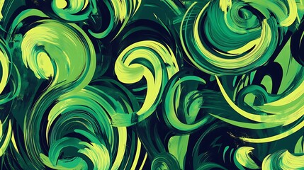 A vibrant abstract pattern with various shades of green swirls and artistic brush strokes.