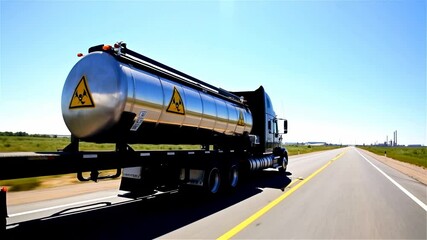 semi truck transporting liquid acid tank barrel container travels along quiet suburban two-lane highway under summer skies. chemical logistics branding, safety campaigns, hazardous freight visuals