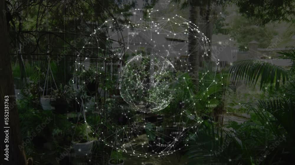Poster static garden patio view activating globe materializing and rotating while illustrating network map