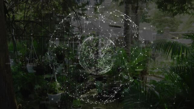 static garden patio view activating globe materializing and rotating while illustrating network map