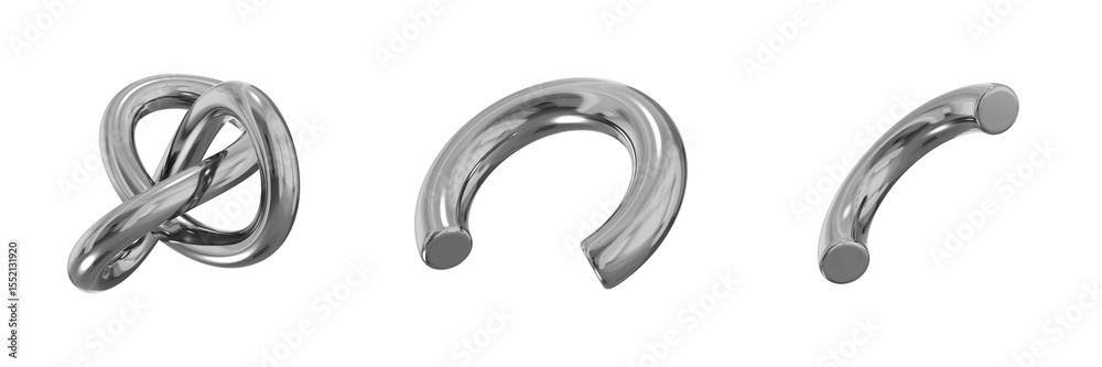 Poster 3d chrome metallic abstract shape objects, 3d rendering steel gradient shape design element, futuris