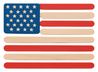 A stylized American flag composed of red and natural wooden sticks with wooden stars on a blue square.