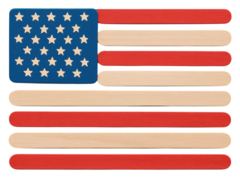 A stylized American flag composed of red and natural wooden sticks with wooden stars on a blue square.
