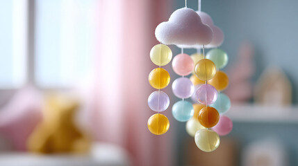 Dreamy mobile with pastel beads and a fluffy cloud, perfect for nursery decor or childhood concepts. A sweet, gentle aesthetic. Soft light, peaceful mood.