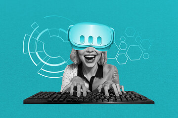 Exclusive artwork banner creative collage of happy girl wear vr glasses gamer play type laptop...