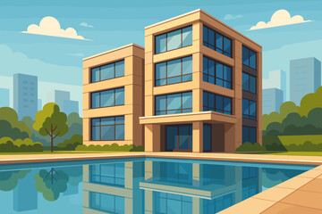 Modern glass office building with reflective windows by swimming pool, urban cityscape background, cartoon vector illustration. Contemporary architecture, city park, greenery, blue sky