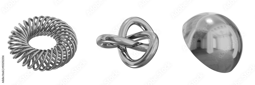 Poster 3d chrome metallic abstract shape objects, 3d rendering steel gradient shape design element, futuris