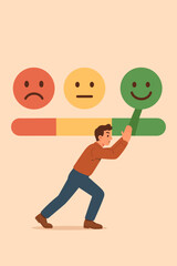 Customer satisfaction feedback concept. Man pushing rating bar from sad to happy face. Improving service quality. Positive review motivation. Client experience evaluation. Vector illustration