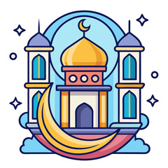 Stylized mosque with crescent moon and stars illustration