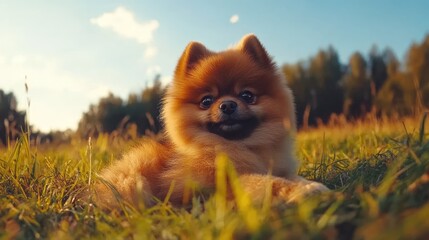 Obraz premium A fluffy pomeranian dog rests on a grassy field.
