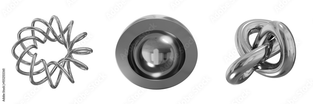 Poster 3d chrome metallic abstract shape objects, 3d rendering steel gradient shape design element, futuris